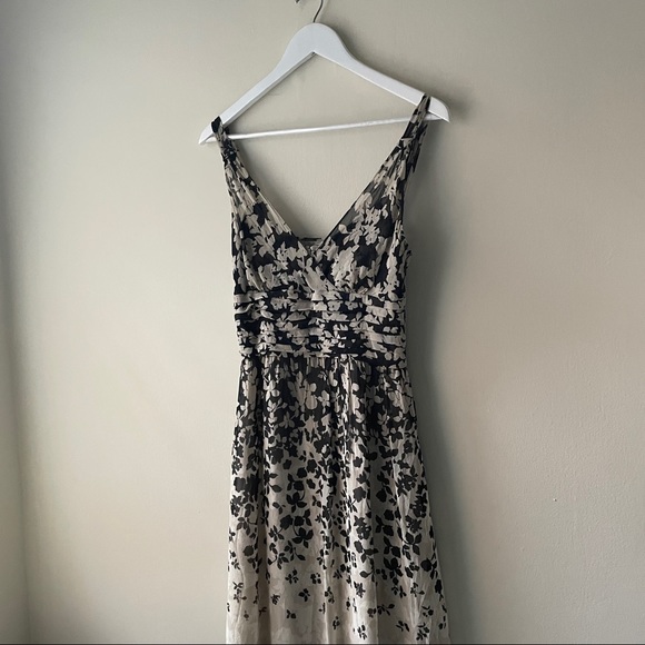 Ann Taylor Black & Tan Silk Strappy Midi Dress W/Horizontal Waist Pleats -Size 2 - Picture 2 of 13